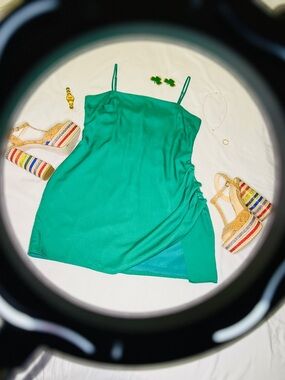 Emerald Green Satin Mini Dress Ruched Side Slip Dress Lauren + Friends Large